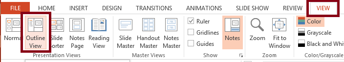 The PowerPoint View tab showing the Presentation Views Group with the Outline View option selected.  The View tab and Outline View option are both highlighted.