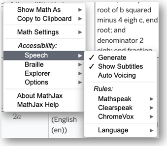 Context menu. The Speech option is selected, with a submenu expanded. Submenu items include Show Subtitles and Auto Voicing.
