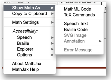 Context menu. First option is Show Math As, which has a submenu. First submenu option is MathML Code.
