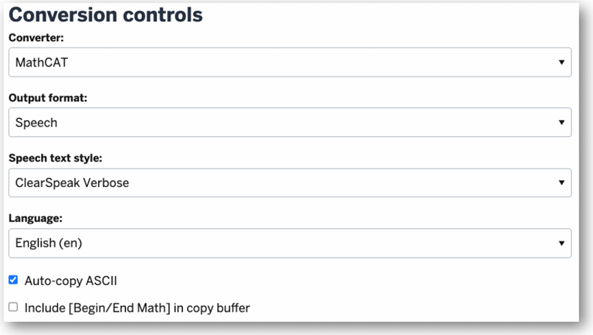 Converter tool controls consisting of four selects for Converter, Output format, Speech text style, and Language, plus two checkboxes. Auto-copy ASCII checkbox is checked. Include Begin/End Math in copy buffer checkbox is unchecked.