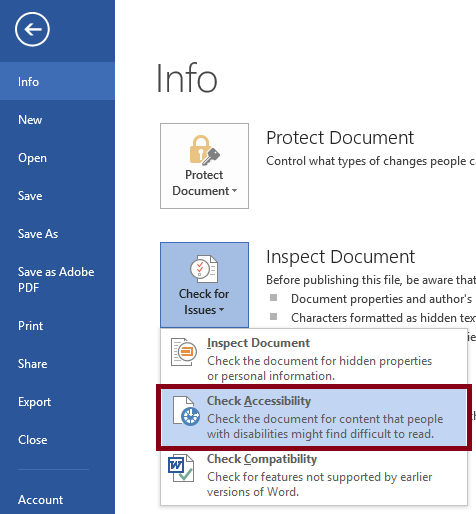 The Word File tab with Info menu open.  The check form issues option is selected and its sub-menu is open. The Check Accessibility option is selected and highlighted.