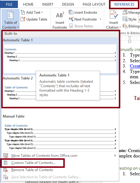 Word References tab with the Table of Contents option selected and submenu open.  The Automatic Table 1 option is selected.  The references tab Built-in Table of Contents options and Custom Table of Contents option are highlighted.