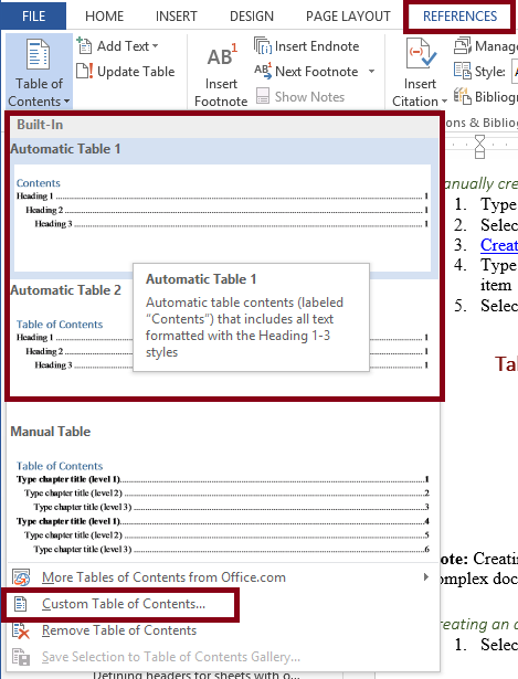 how to make a manual table of contents word