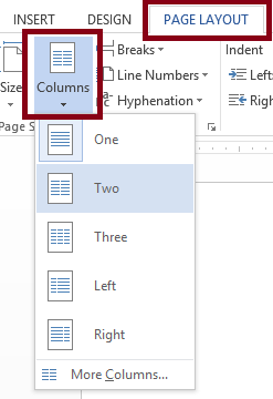 The Word Page Layout tab with the Columns option in the Page Setup group selected and its menu expanded. The Two option of the Columns submenu is selected. The Page Layout tab and Columns option are highlighted.