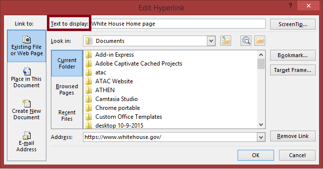 Edit Hyperlink dialog